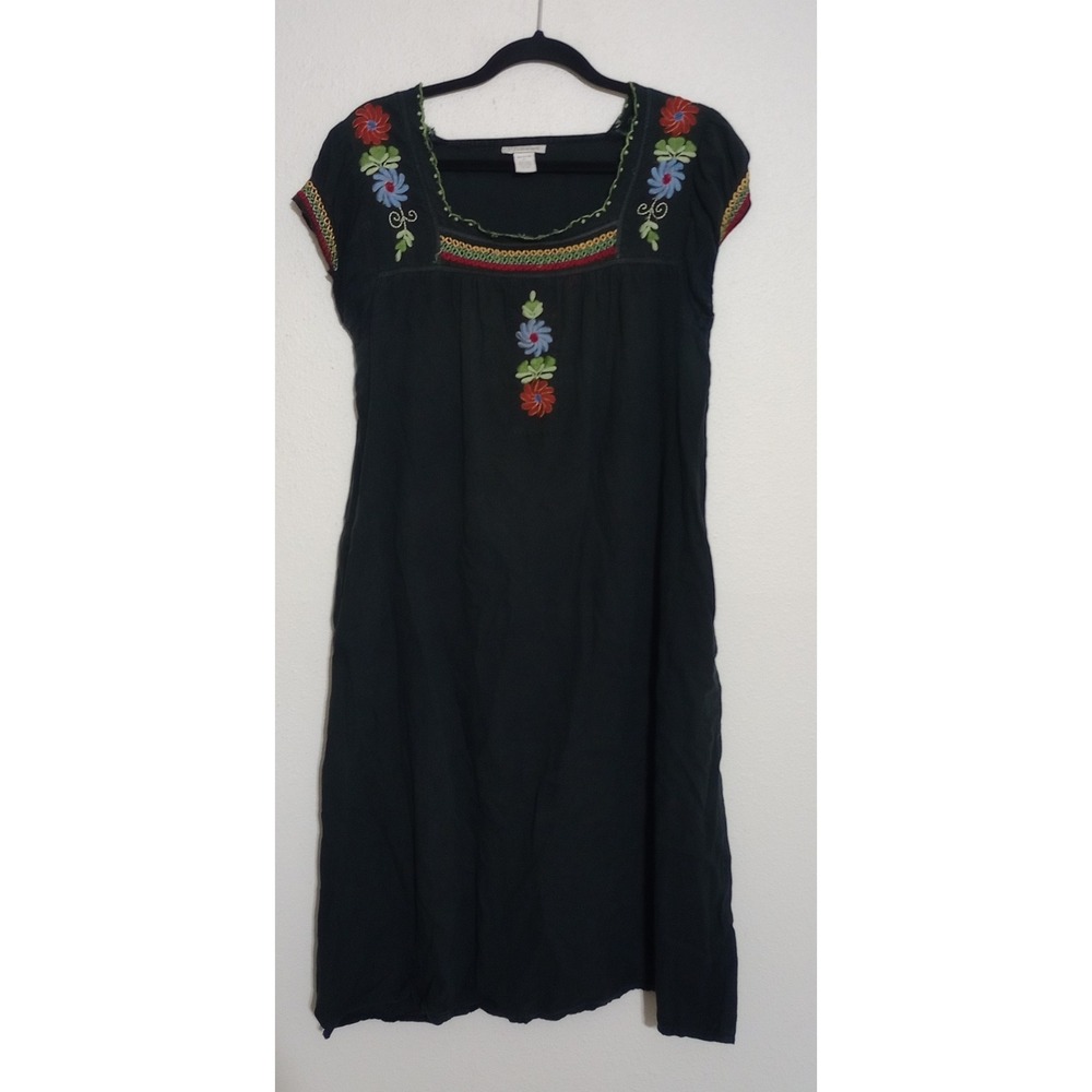 Phases Womens Black Cotton Floral Embroidered Boho Midi Dress Square Neck M